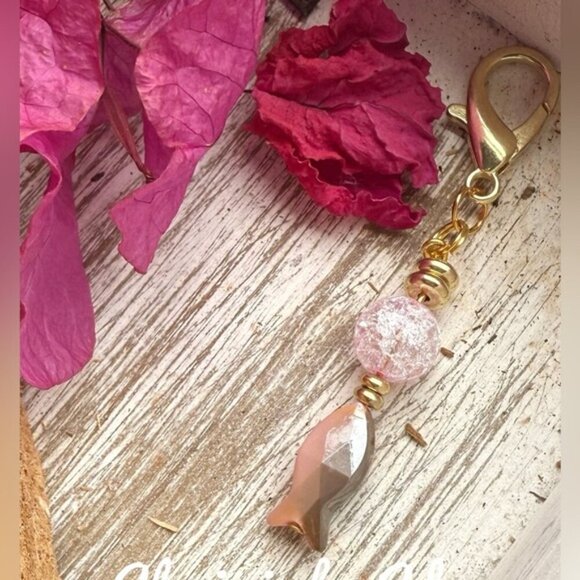 Rose Quartz keychain/ card holder amulet sardine fish charm - Picture 1 of 3